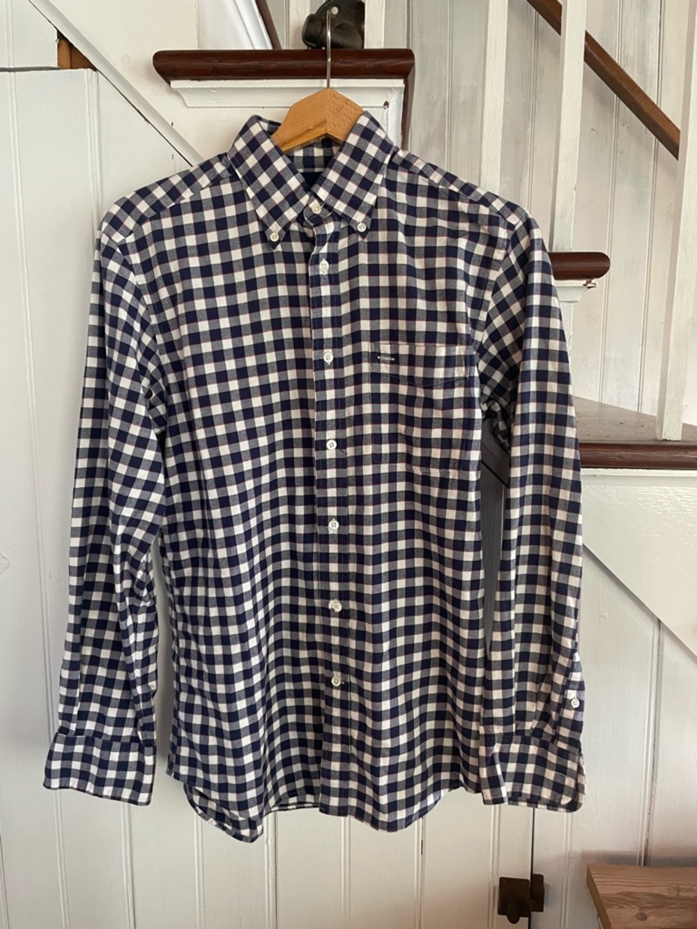 Faconnable Navy and White Gingham Button-Down Shirt